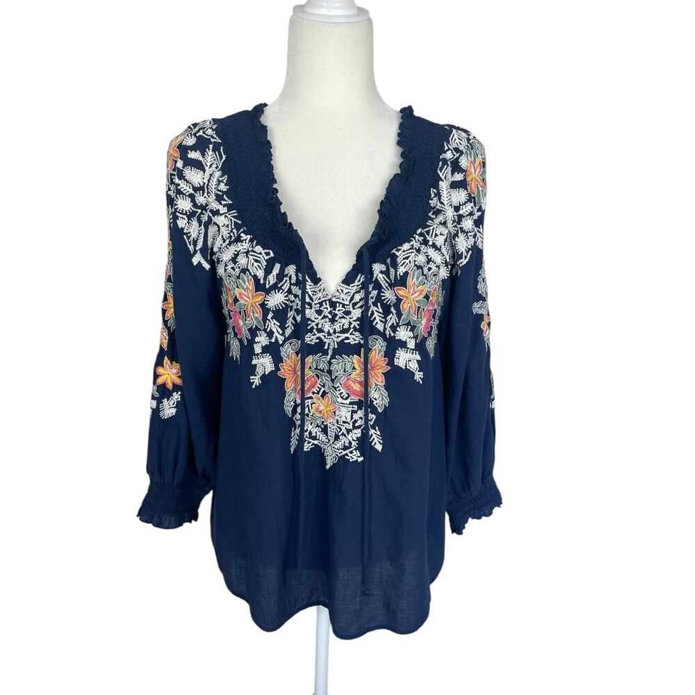 Sundance Cotton Gauze Embroidered Peasant Top Blue Size Small Boho Indie Cottage